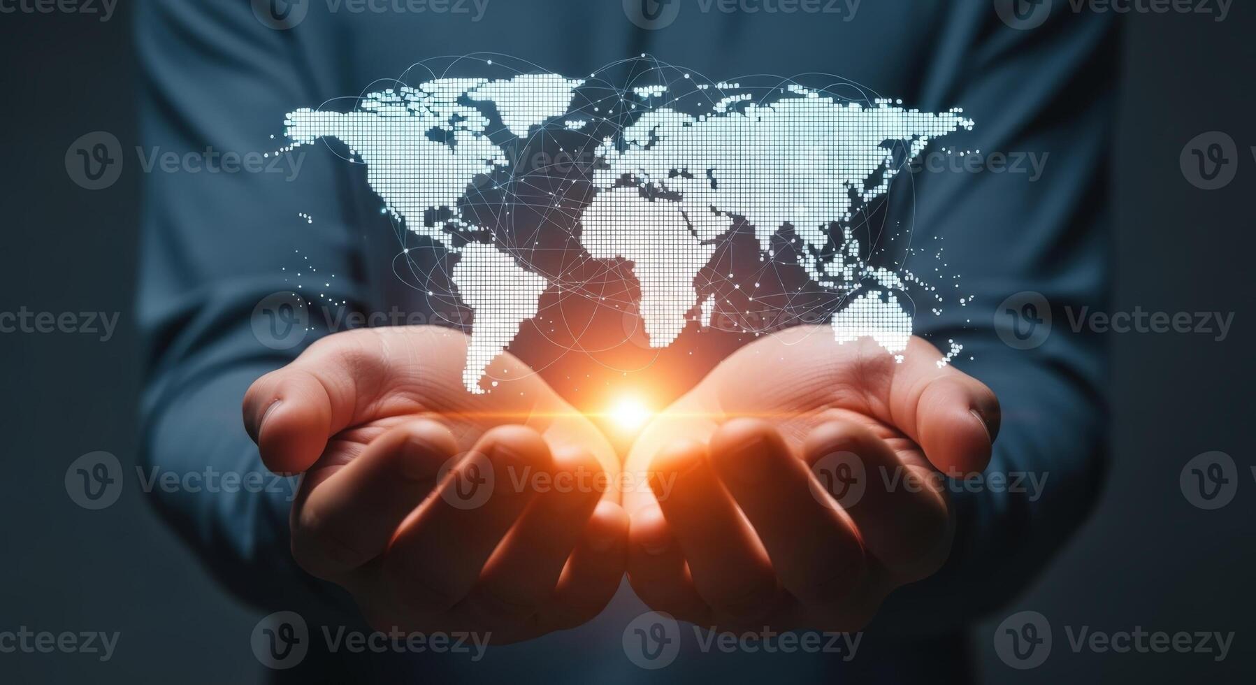 Global Network Connection Concept Man Holding Digital World Map with Light, Symbolizing Global Connection photo