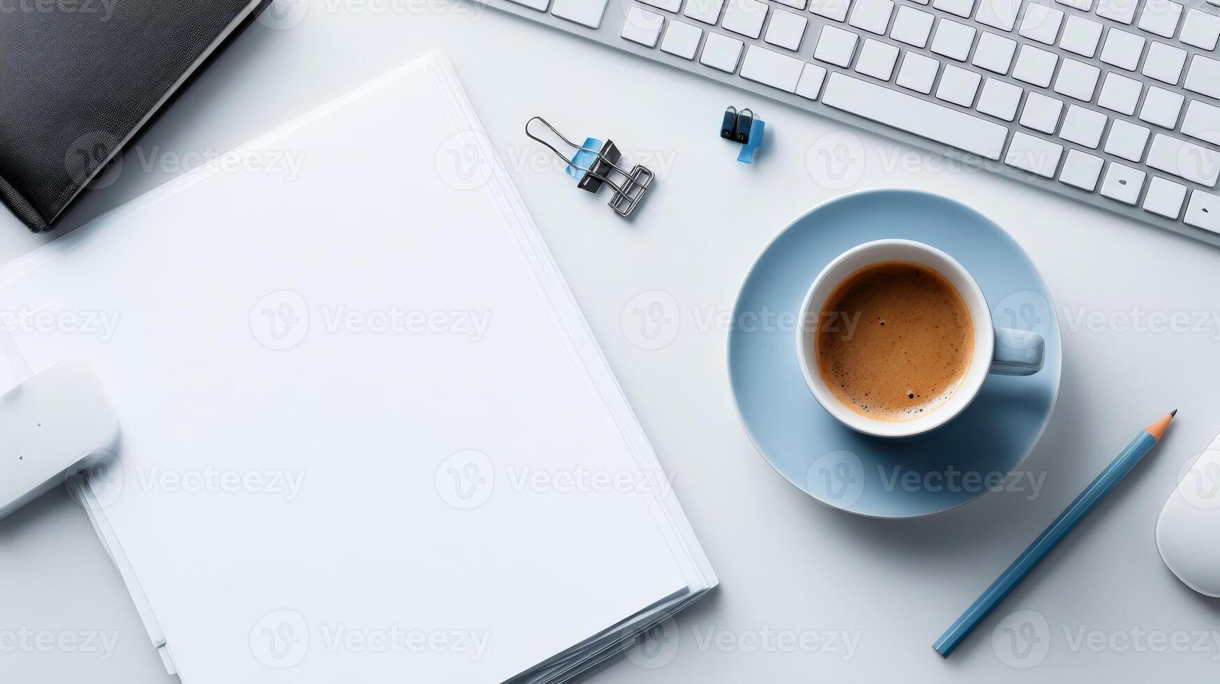 Workspace with Coffee, Keyboard, and Blank Paper for Mockup, Perfect for Office or Creative Content photo
