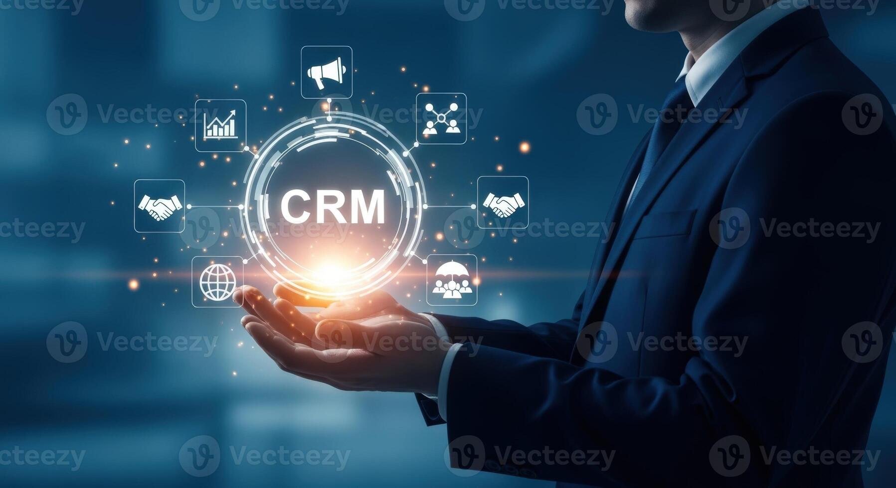 Customer Relationship Management CRM concept Businessman holding a digital interface representing connection between business and clients photo