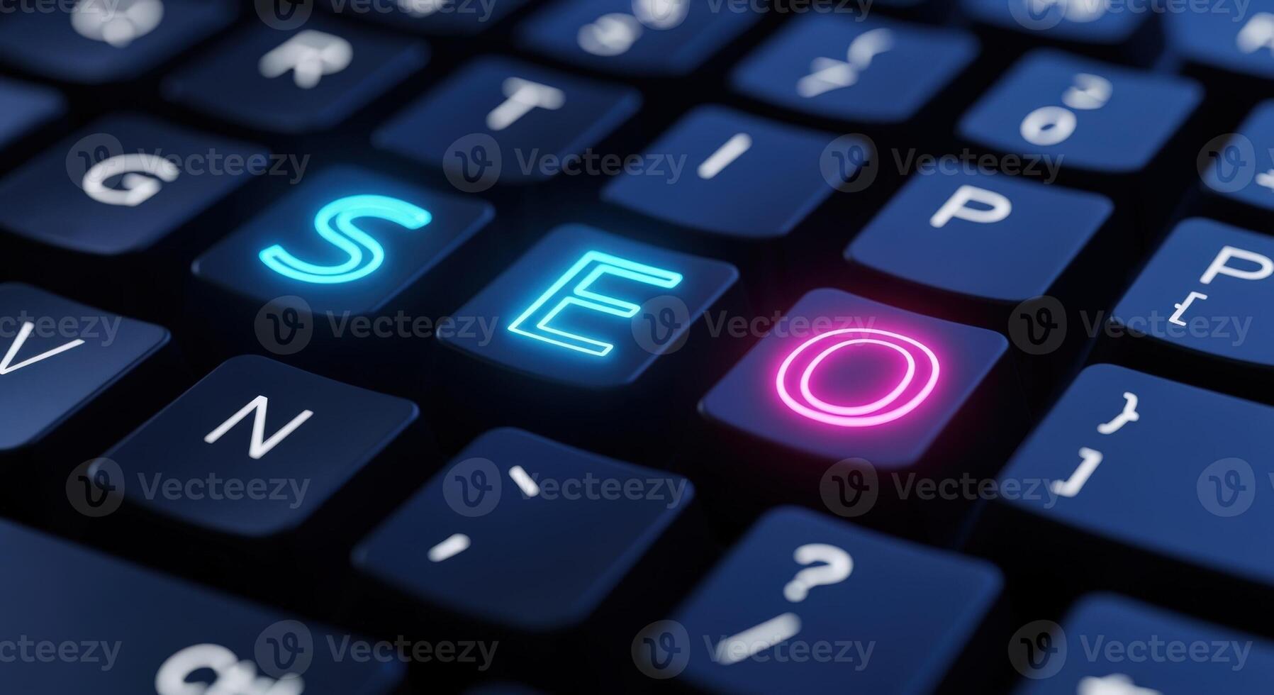 SEO Text on Keyboard Keys Displaying Optimization, Strategy, Internet Marketing, and Technology for Websites photo