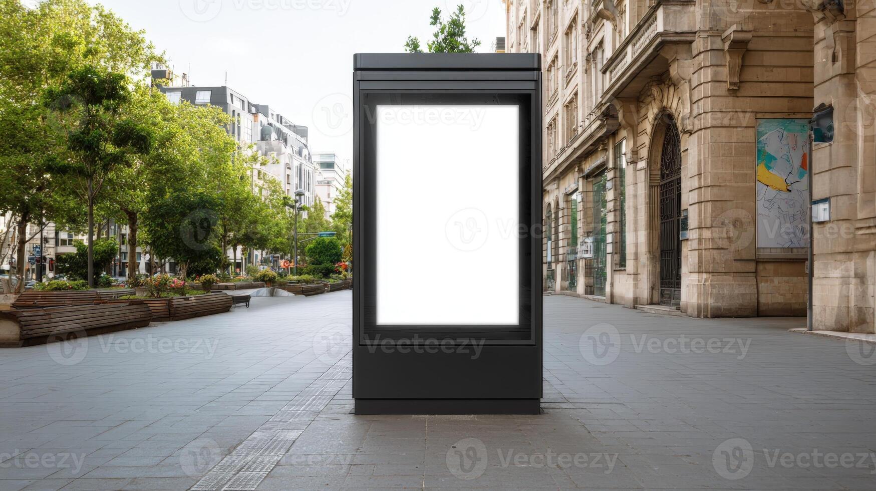 Blank Advertisement Billboard Mockup on City Sidewalk, Urban Setting for Marketing and Advertising photo