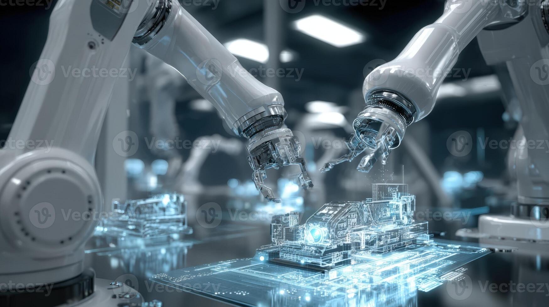 Robotic Arms Assembling Complex Electronic Components on Production Line in Futuristic Factory, Automated Manufacturing photo