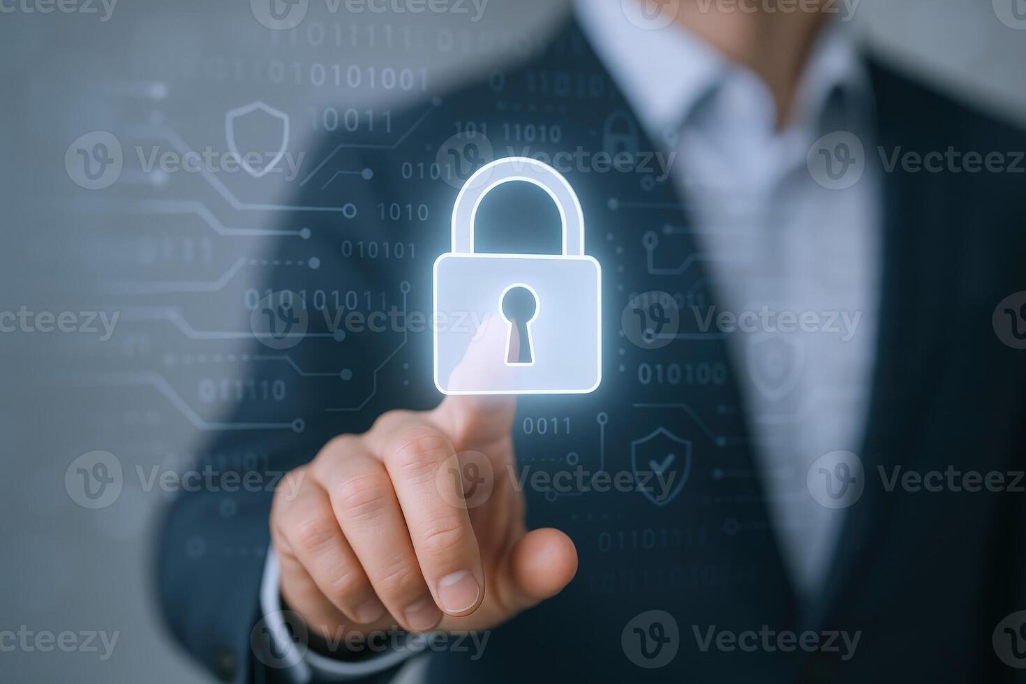 Digital Security Concept Man Interacting with Padlock Icon on Screen, Cyber Protection and Secure Access photo