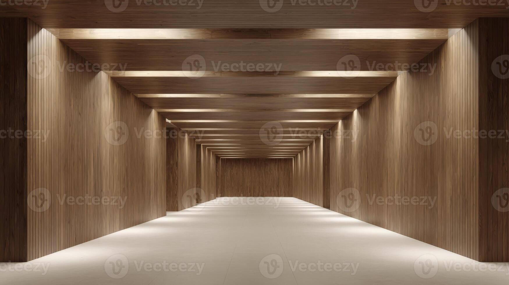 Minimalist Wooden Corridor with Symmetrical Lighting Design, Creating a Sense of Depth and Architectural Elegance photo