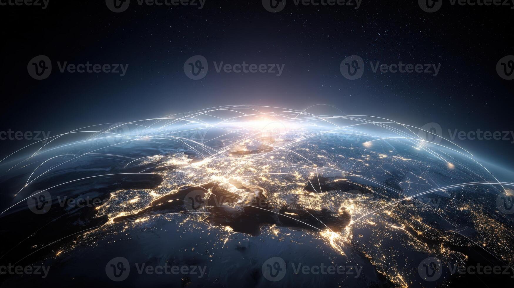 Global Network Connections Visualized from Space High-Definition Image of Earth with Luminous City Lights photo