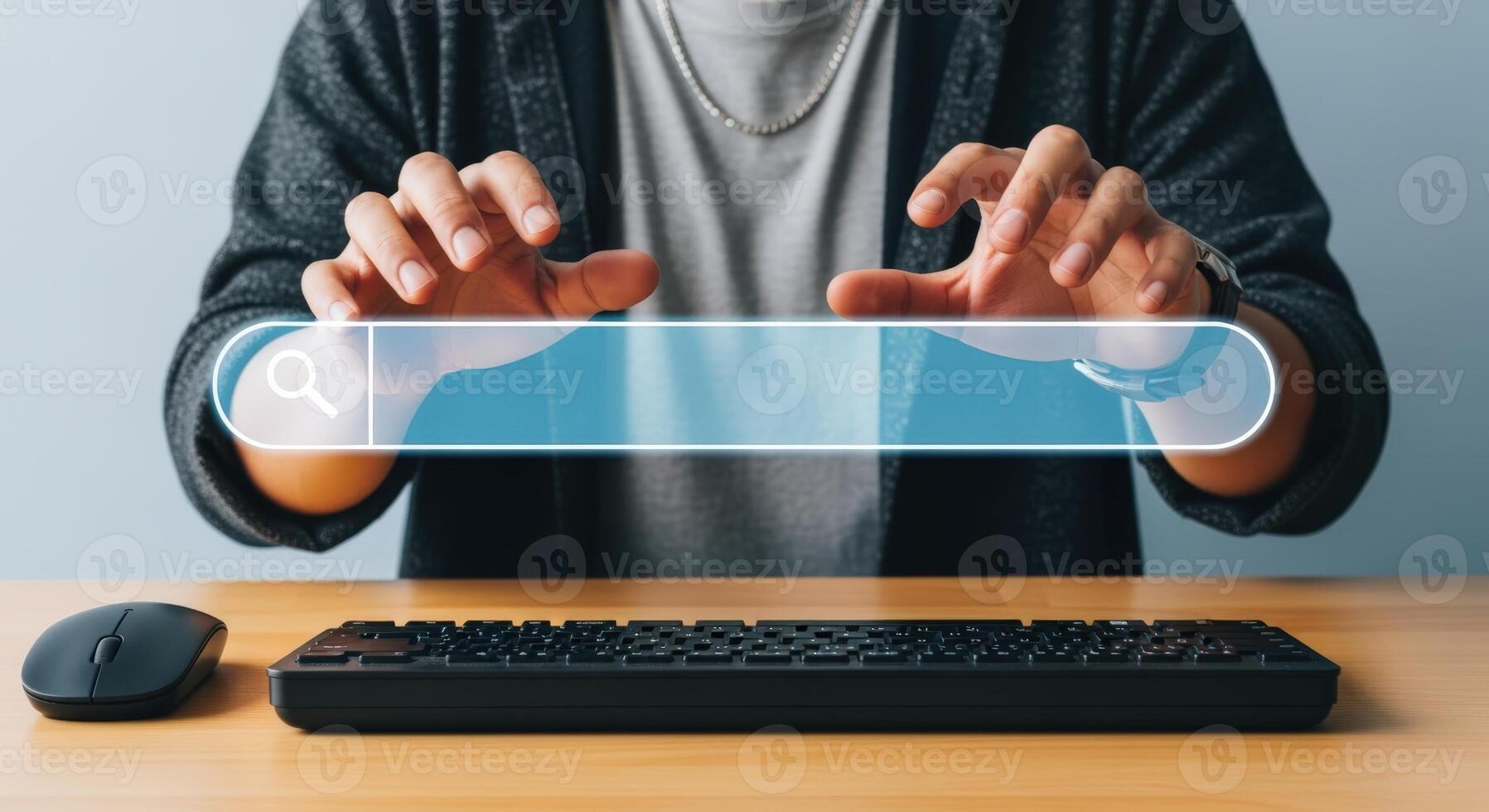 Hands Hovering Over Search Bar on Computer, Concept for Internet Research, Online Information Seeking photo