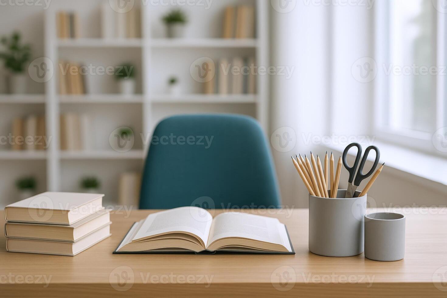 Workspace with Open Book and Stationery Desk Setup for Study and Creative Work photo