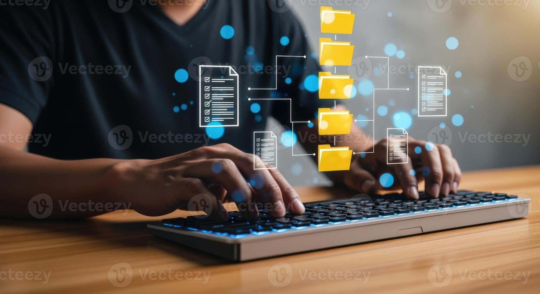 Man Typing on Keyboard with Digital File Management Overlay, Representing Data Organization and Efficiency photo