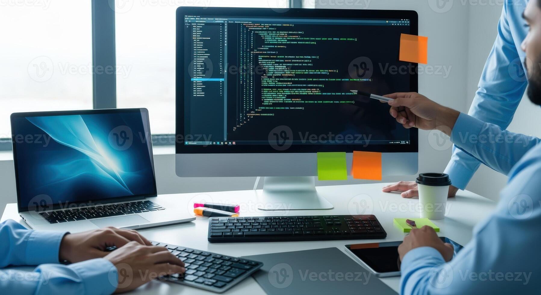Software Development Team Collaborating on Code Review and Debugging at a Modern Workspace photo