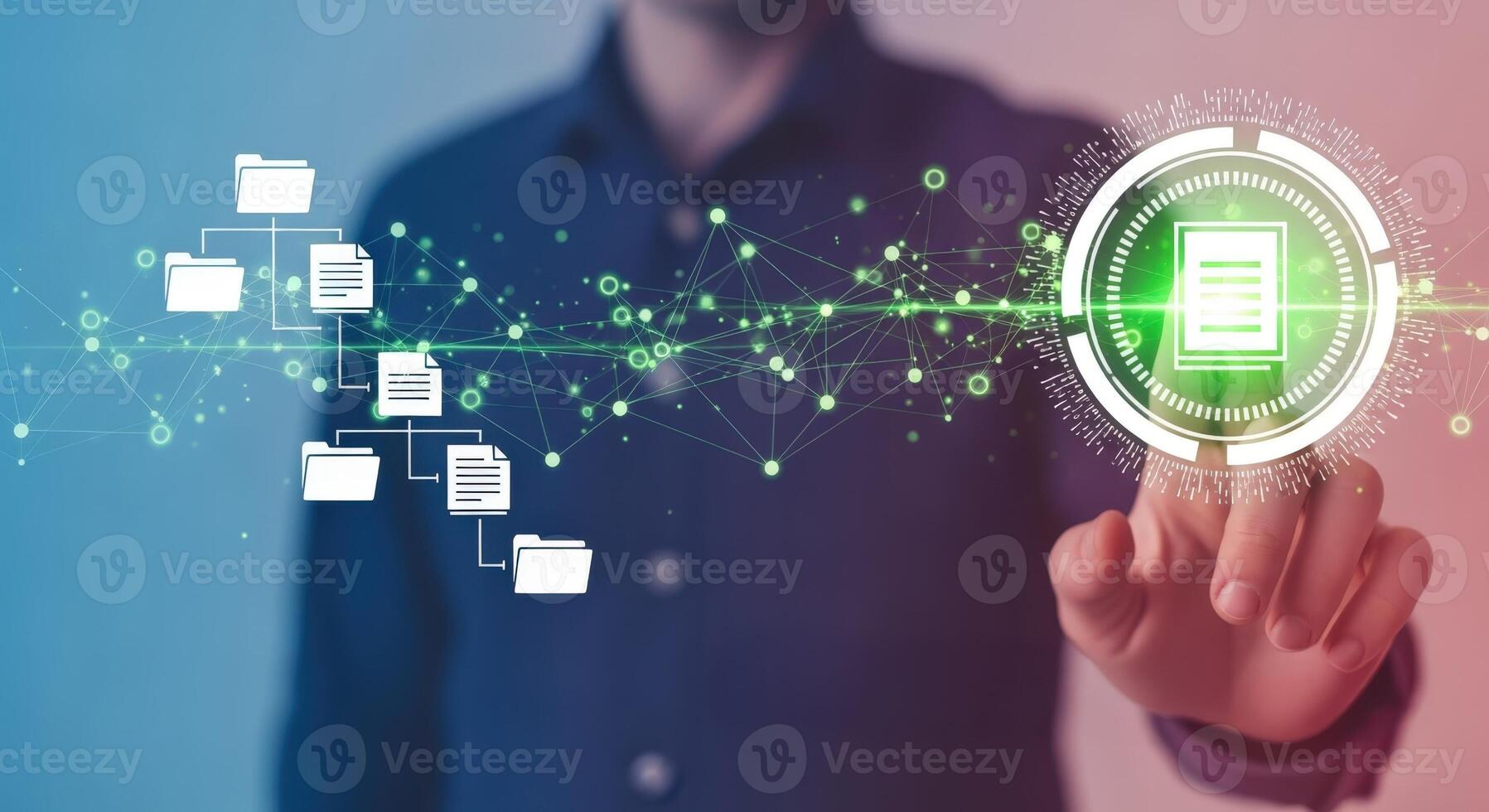 Digital Document Management Concept Man Interacting with Electronic Files and Data Storage Interface photo
