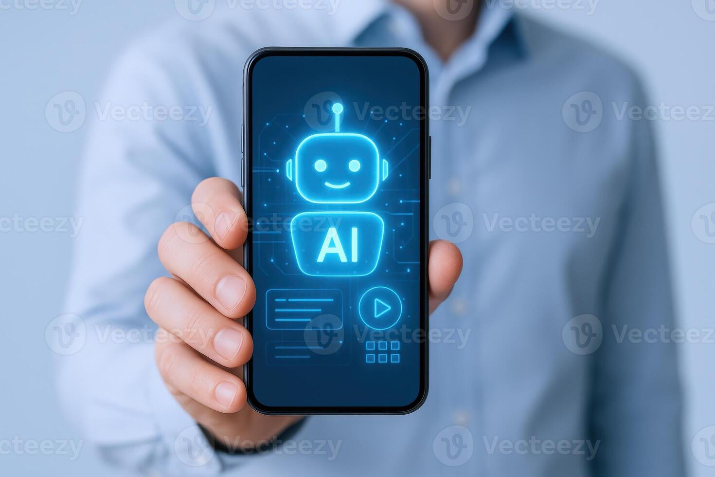 AI Technology on Smartphone Display Person Holding Device with Glowing Robot and Interface photo