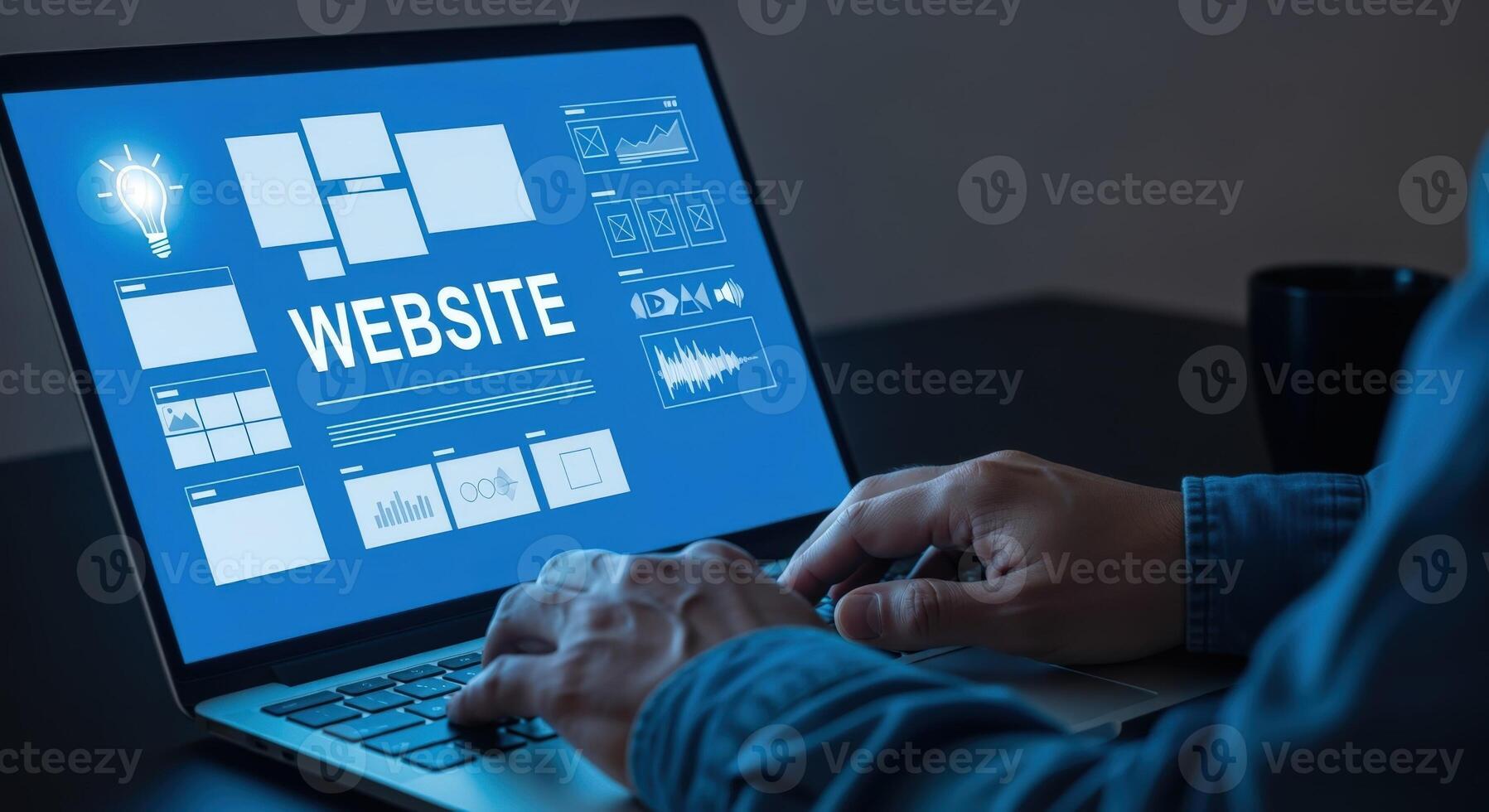 Website Design and Development Hands on Laptop Keyboard, Screen Displaying UIUX Elements and Code photo