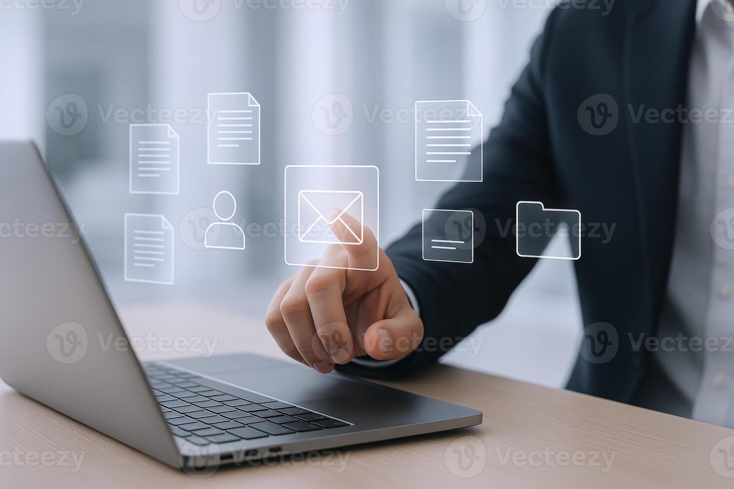 Businessman Managing Digital Documents on Laptop with Hologram Interface for Efficient Workflow photo