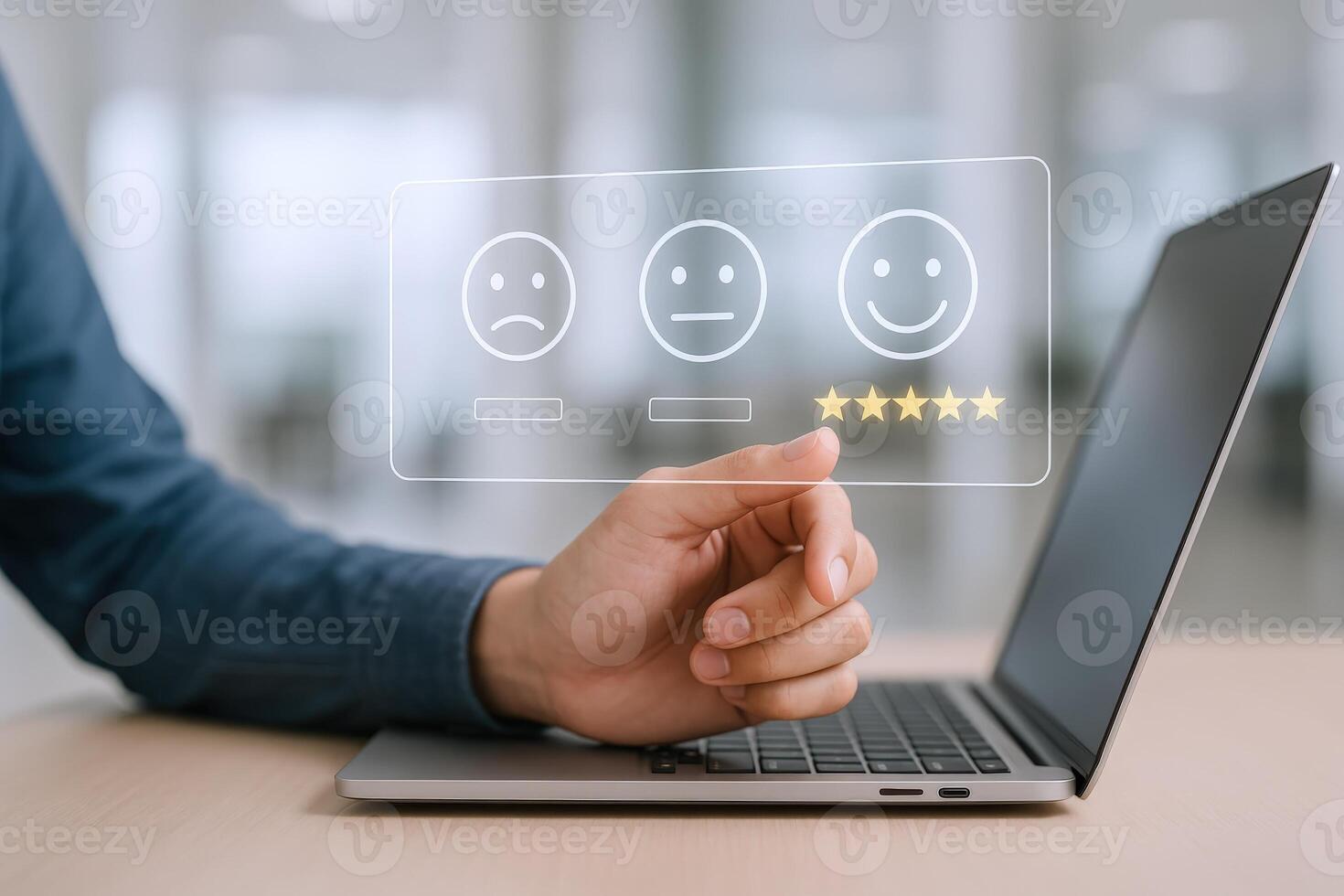 Customer Feedback Survey Interface with Person Using Laptop to Submit Positive Review and High Rating photo