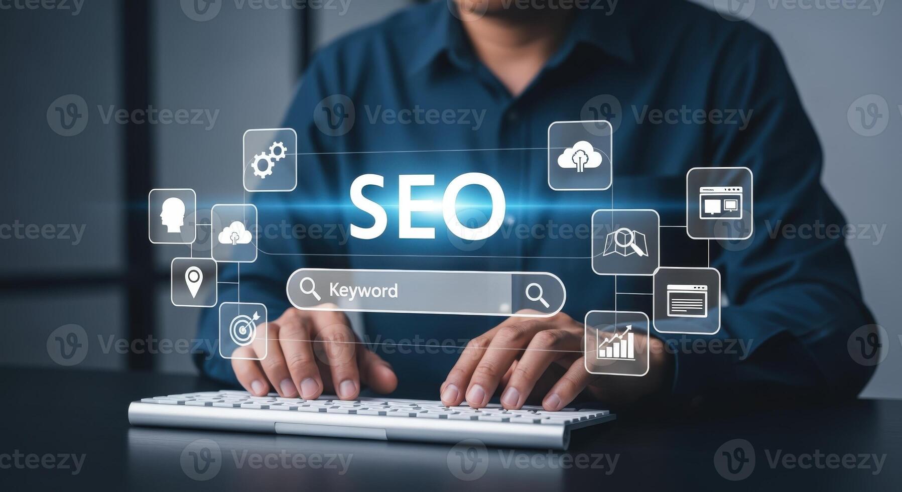 Professional optimizing website SEO, data analysis, keyword research for digital marketing strategy and business analytics to improve ranking photo