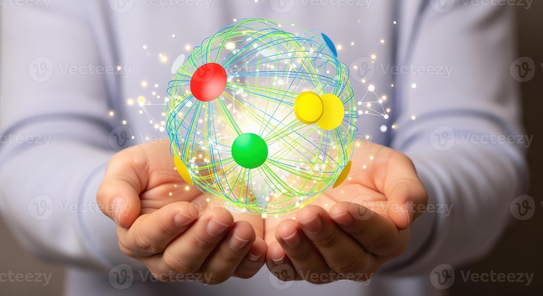 Global Network Visualization Person Holding Abstract Sphere Representing Connectivity and Modern Technology photo