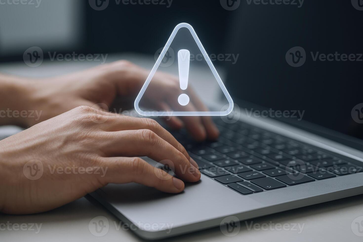 Laptop User with Warning Sign System Error, Security Alert, Cyber Attack Concept photo