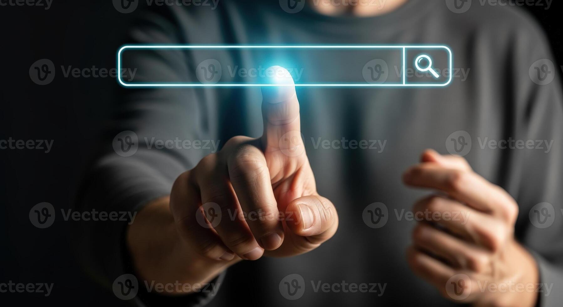 Man Taps Virtual Search Bar Online Search Concept for Information Retrieval and Web Navigation photo