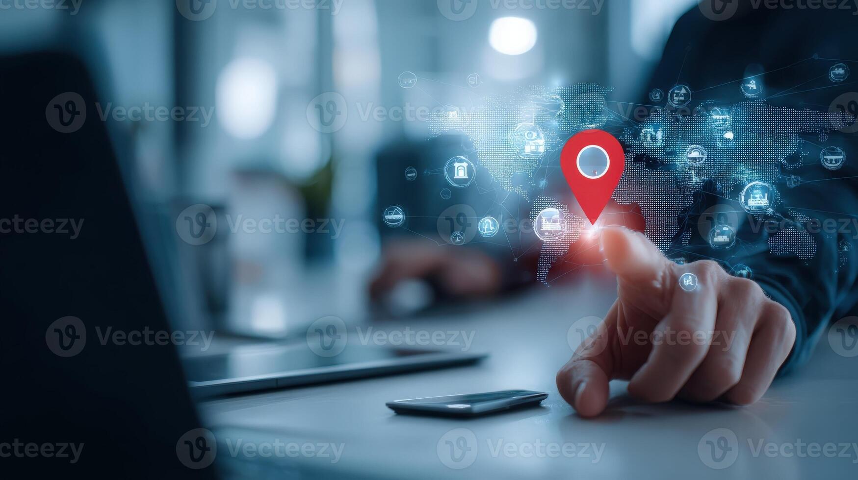Global Connection Concept Man Tapping Virtual Map with Location Pin, Representing Worldwide Network and Digital Transformation photo