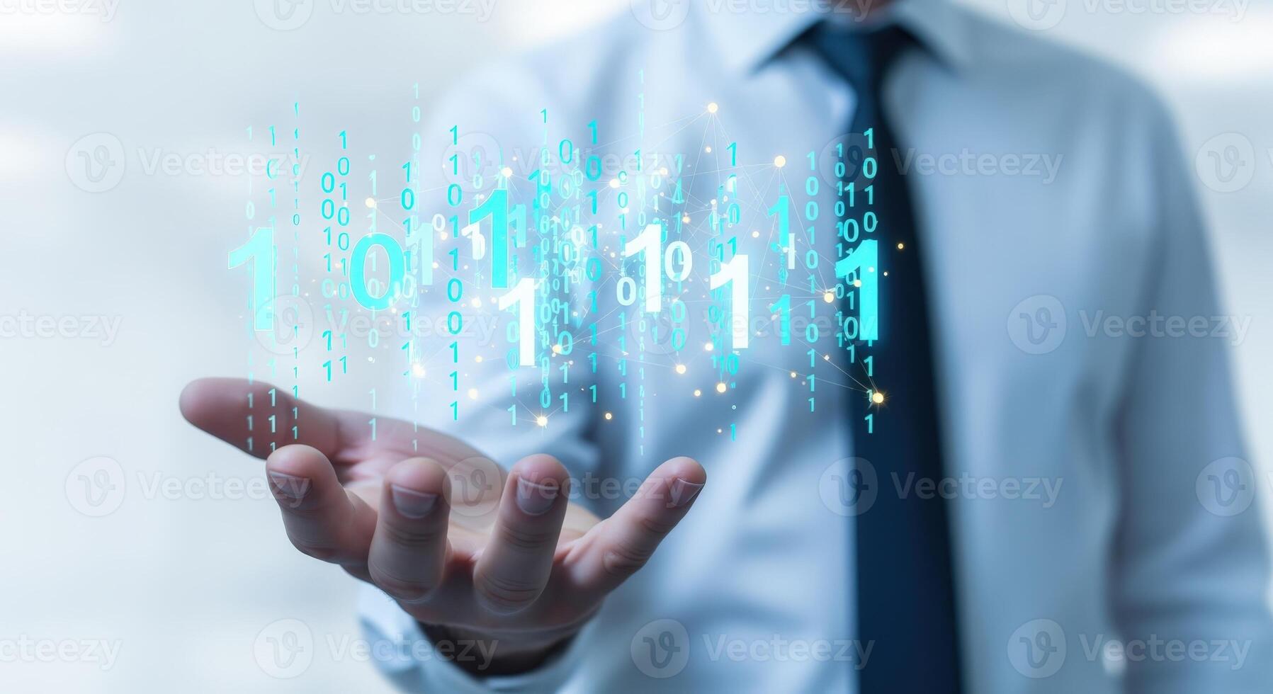 Man Holding Digital Binary Code Display Futuristic Technology Innovation and Data Stream Concept photo
