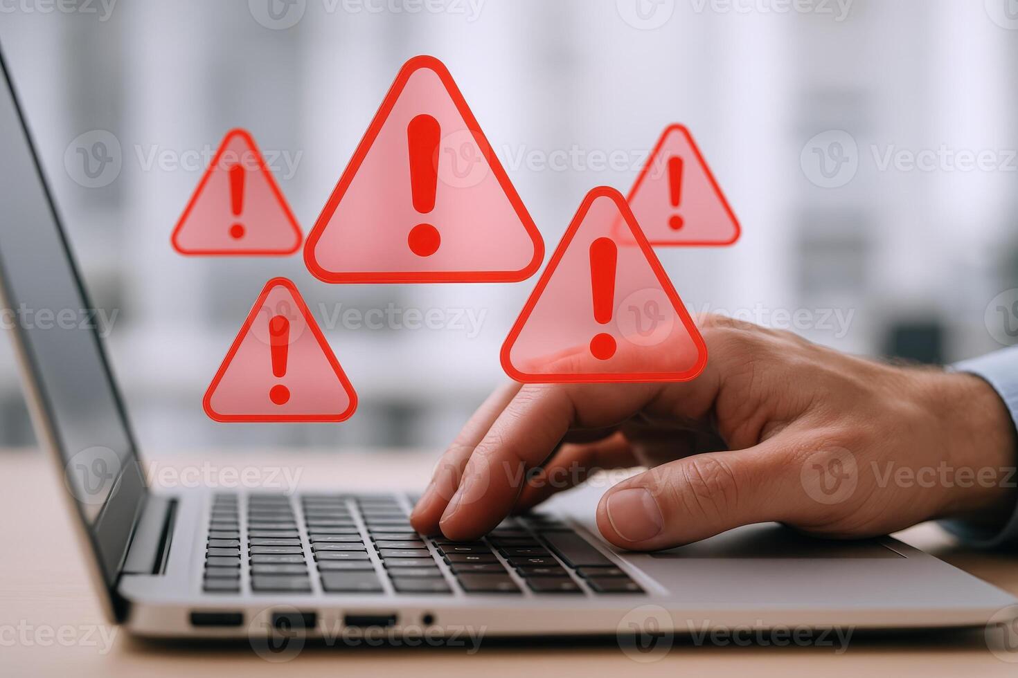 System Error Illustration Hand Typing on Laptop Keyboard with Warning Icons Displayed Concept photo