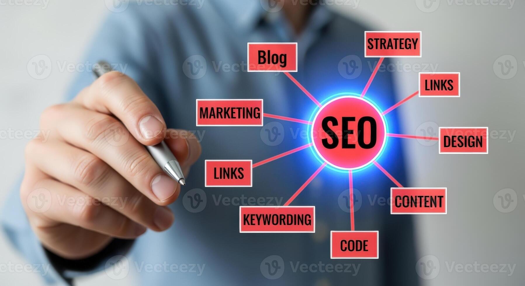 SEO Strategy Diagram with Businessman Pointing to Digital Marketing Elements and Website Optimization Techniques photo