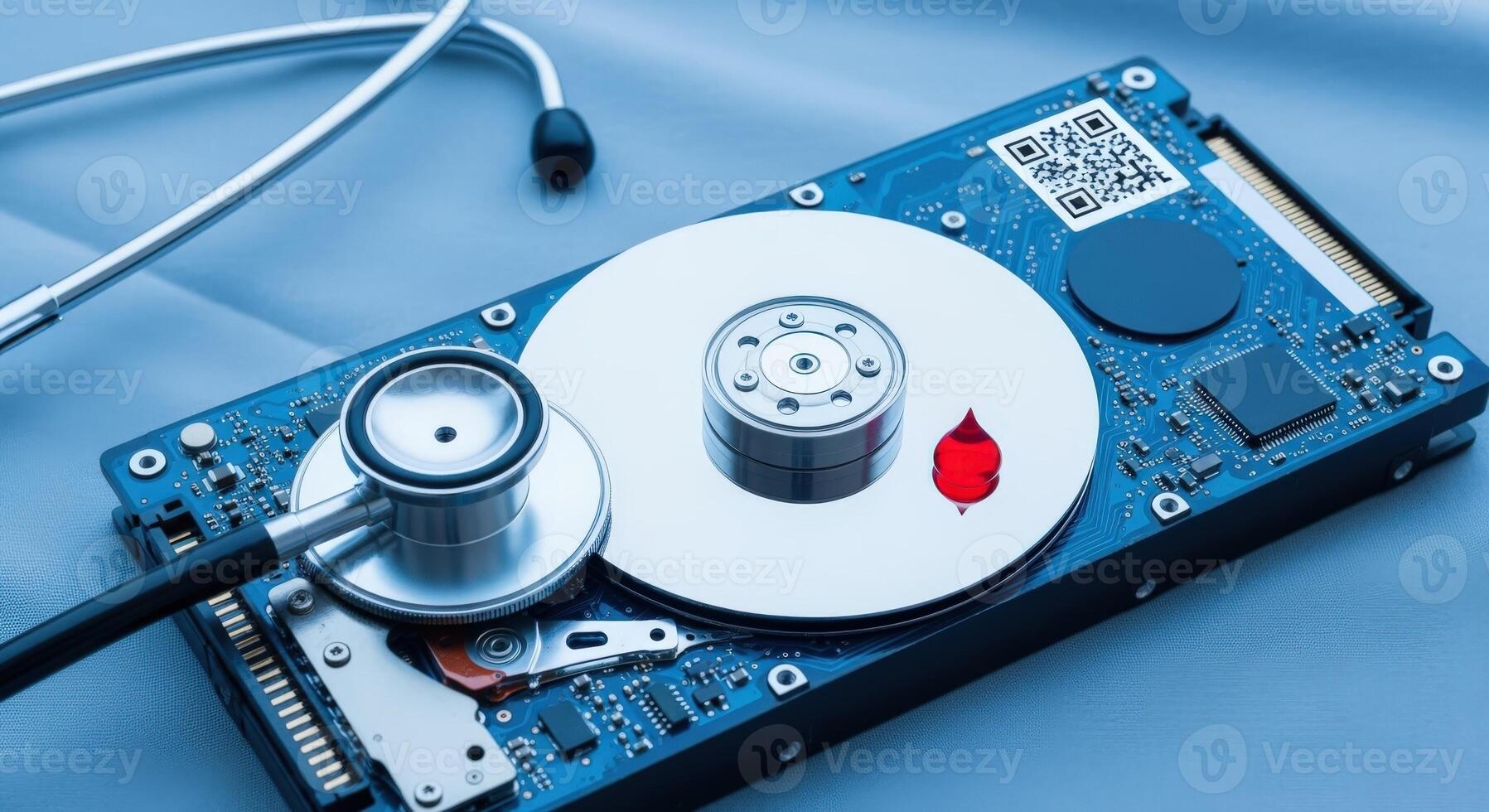 Data Recovery Concept Stethoscope Examining a Hard Disk Drive, Symbolizing Data Loss and the Need for Retrieval photo