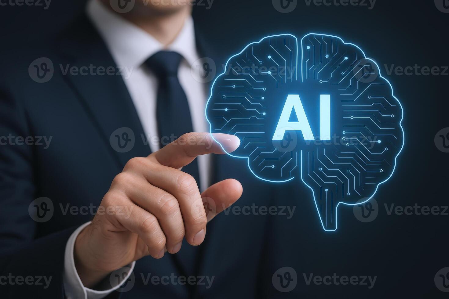 Artificial Intelligence Technology Businessman Interacting with a Digital Brain Interface Representing AI Innovation and Future Technology photo