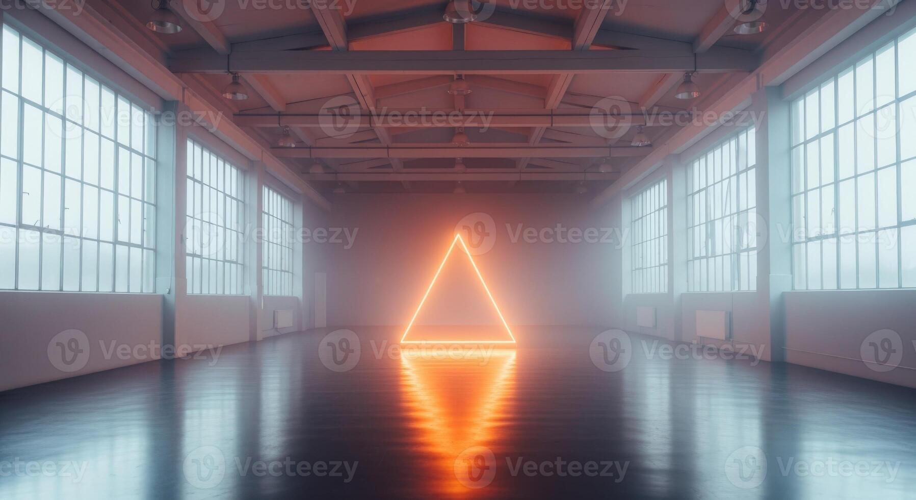 Triangle Light Installation in Large Empty Hall, Illuminated, Modern Interior with Reflections and Windows photo
