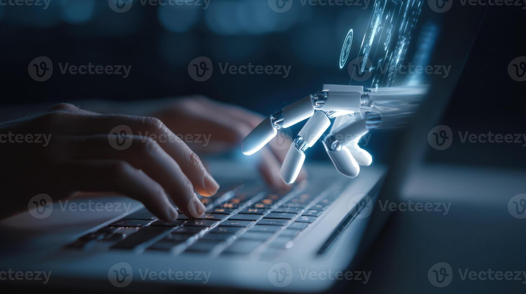 Human and Robot Hands Typing on a Laptop Keyboard, Representing Artificial Intelligence Integration photo