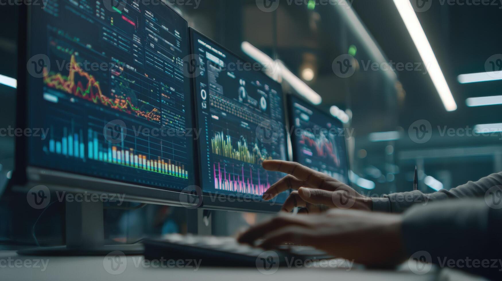Trader Analyzing Stock Market Data on Multiple Computer Screens in a Modern Financial Office photo