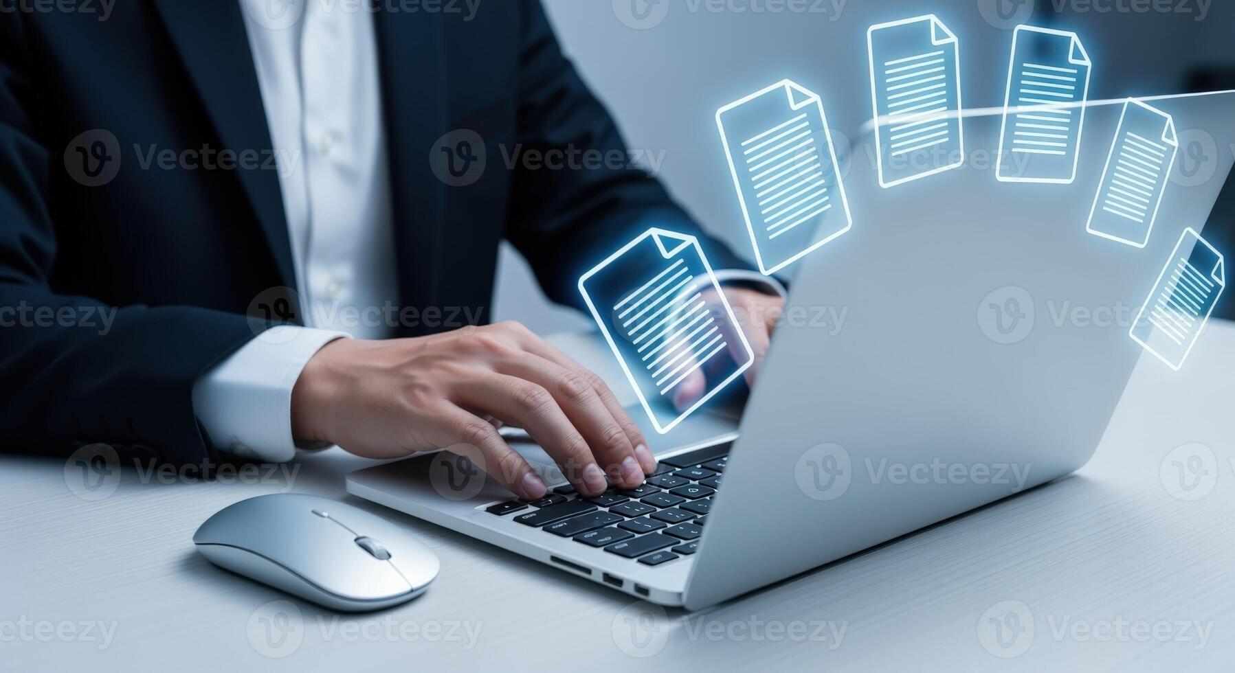 Digital Document Management Professional Using Laptop for File Transfer and Data Management Processes photo