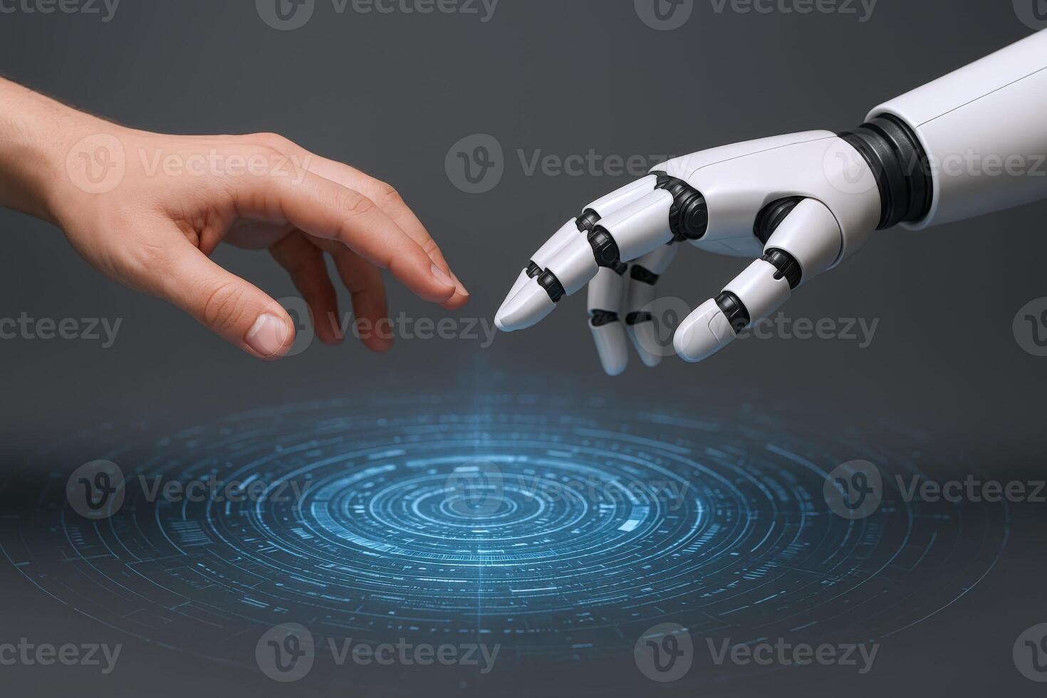Human and Robot Hands Reaching Across Futuristic Interface, Exploring Artificial Intelligence and Connection photo