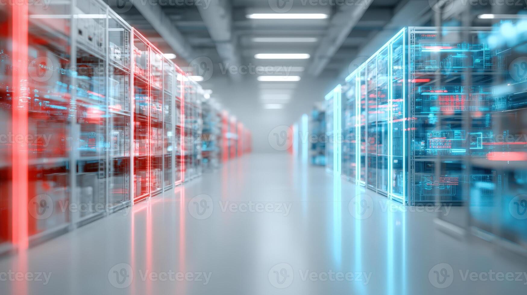 Modern Data Center with Rows of Server Racks and Futuristic Lighting for Cloud Computing photo