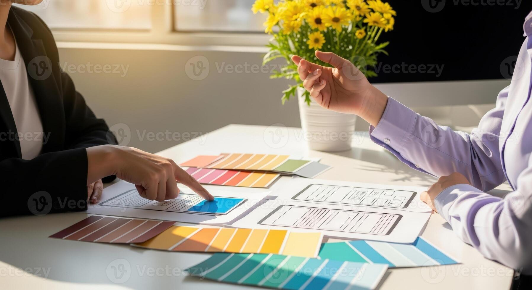 Creative Professionals Collaborating on UIUX Design with Color Swatches and Mockups for Mobile Application Development photo