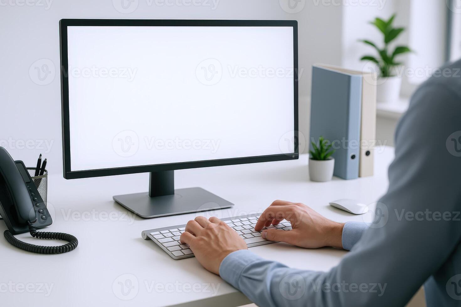 Modern Workspace with Blank Computer Screen, Keyboard and Hands Typing on Desk, Office Mockup photo