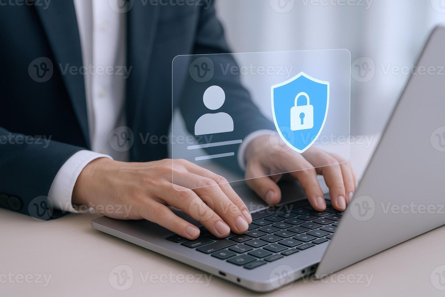 Data Protection on Laptop Businessman Securing Information with Shield, Account, and Padlock Interface photo
