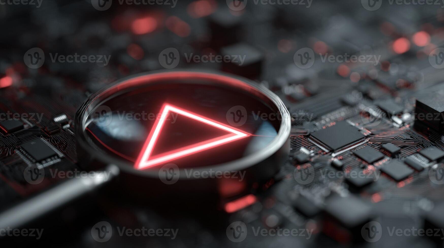 Abstract Triangle Red Neon Light on Dark Circuit Board with Magnifying Glass Macro photo