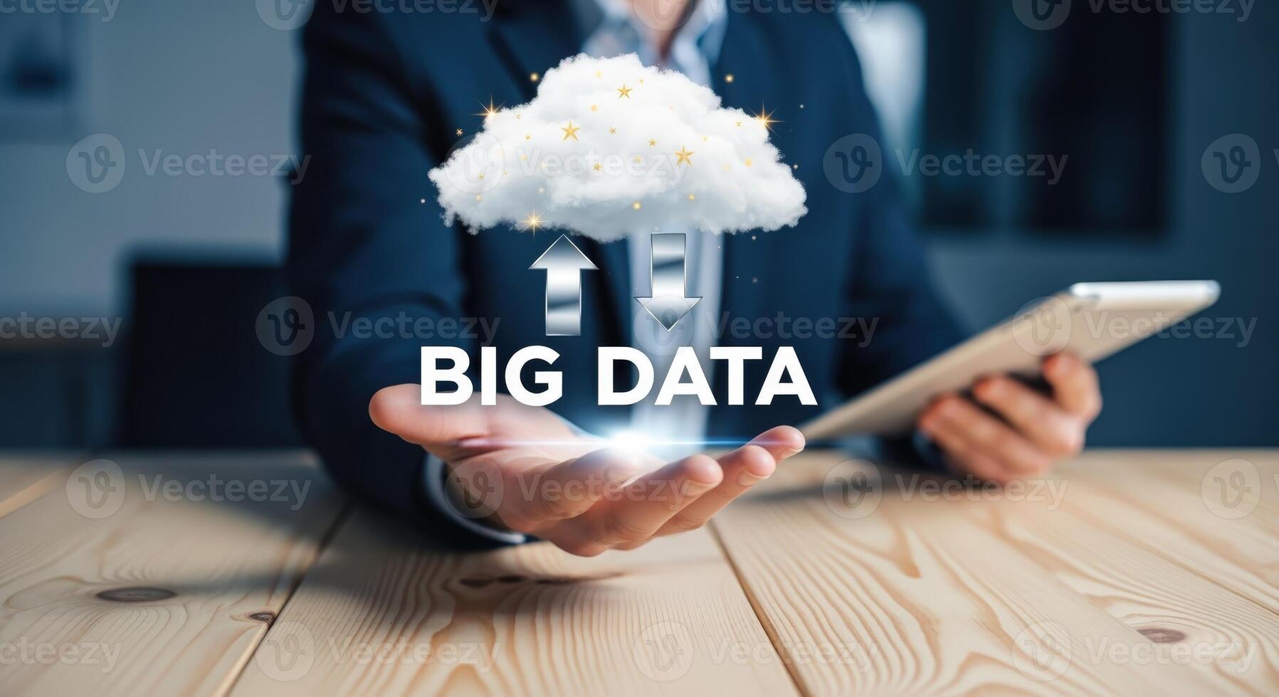 Big Data Concept with Cloud Computing and Digital Information Flow, Presented by Business Professional on a Tablet photo