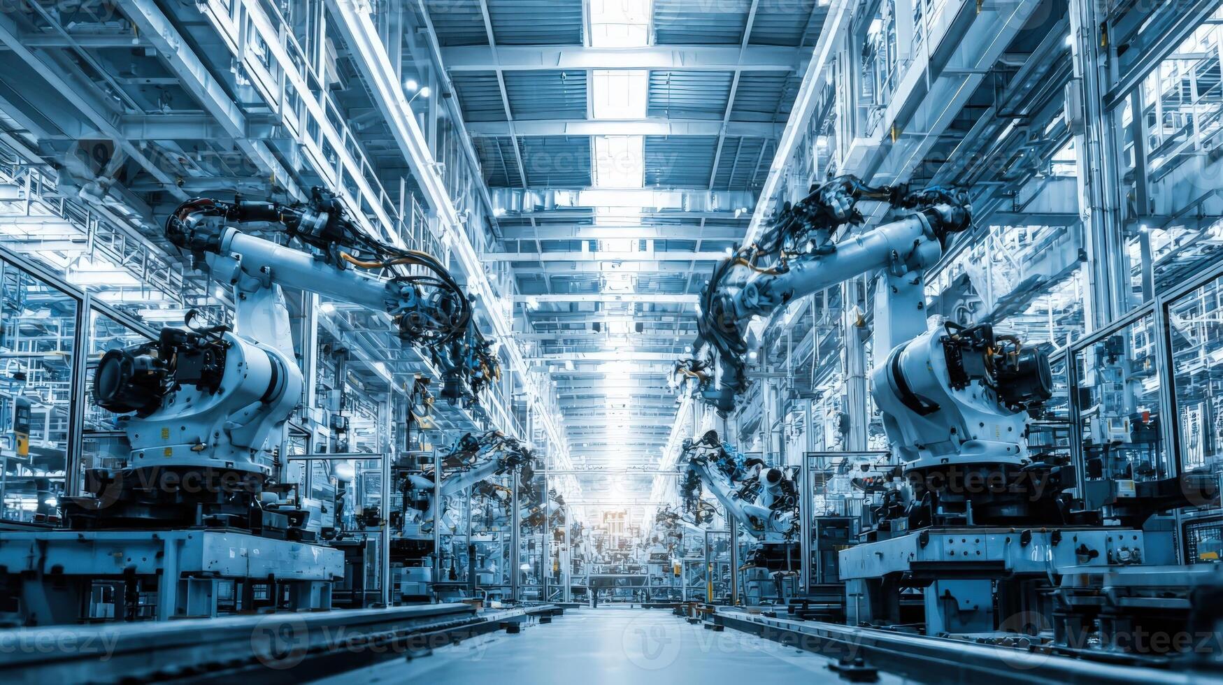 Automated Factory Production Line Featuring Robotic Arms Performing Manufacturing Tasks with Bright Overhead Lighting photo