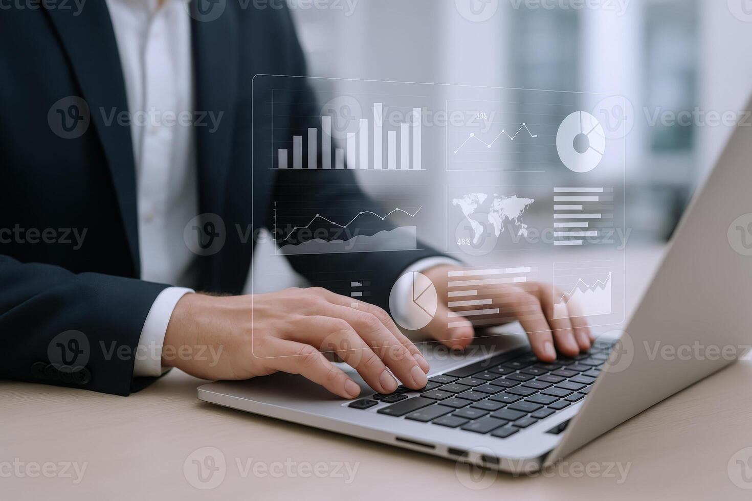 Professional analyzes business data and types on laptop, digital interface with charts, graphs, and global network photo