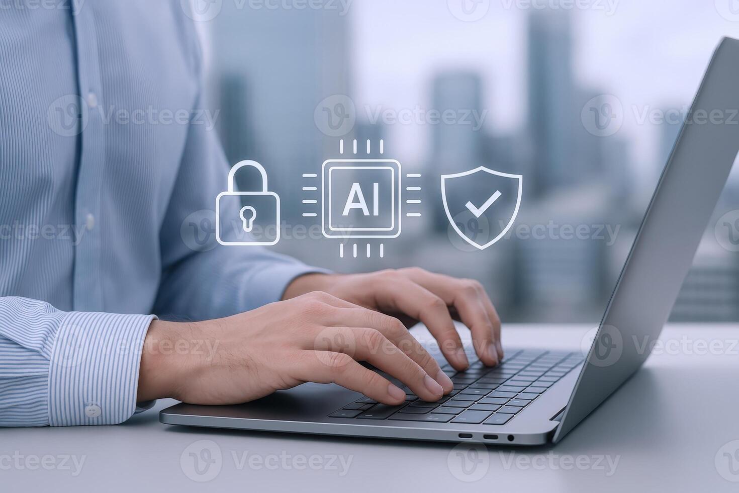 AI-Powered Cybersecurity Solution Man Using Laptop with Security Icons, High-Tech Data Protection, and Digital Safety photo