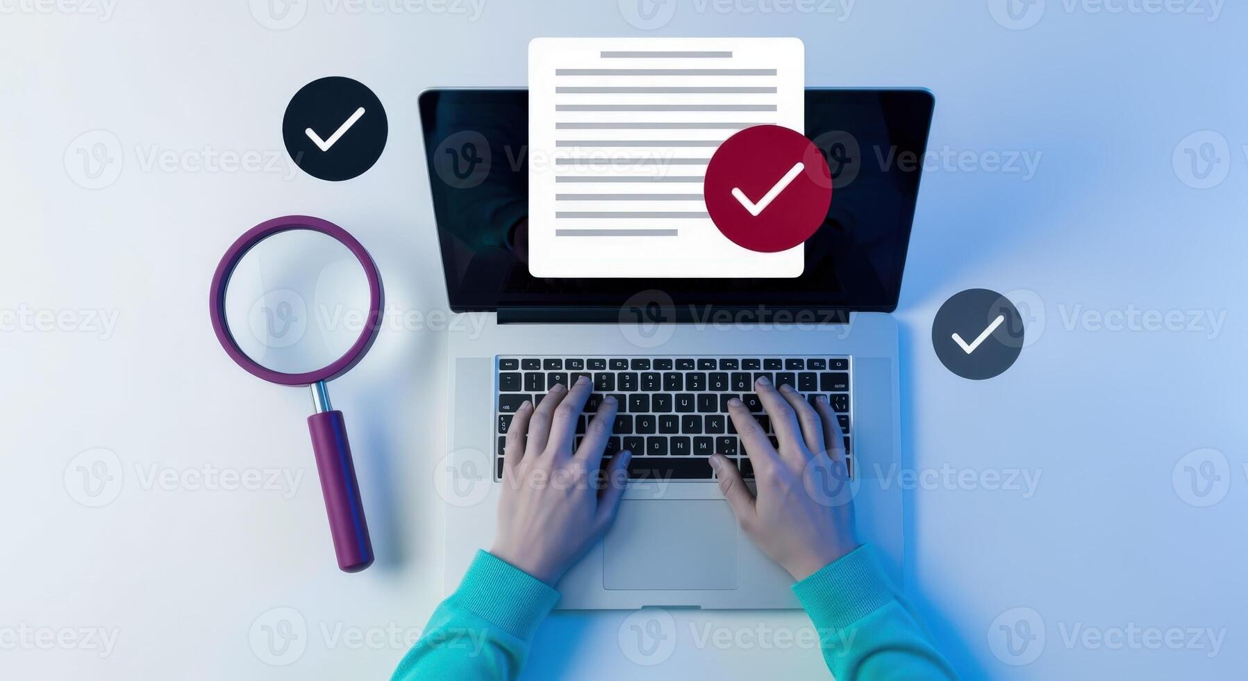 Laptop displaying document verification with magnifying glass and check marks indicating quality assurance, correctness and validation photo