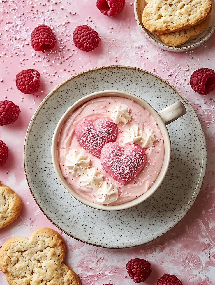 dulce frambuesa tratar con corazón conformado galletas y cremoso postre foto