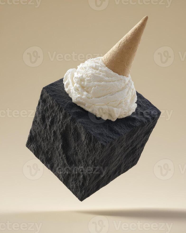 An ice cream cone floating in the air on top of a black block photo