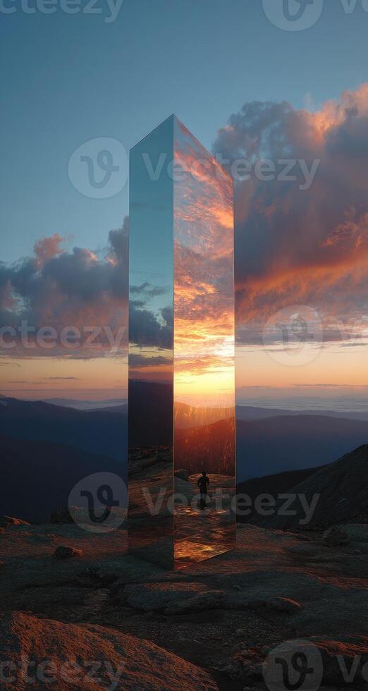 A man standing in front of a mirror in the middle of a mountain photo