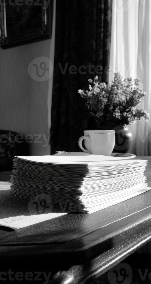 A stack of papers on a table in front of a window photo