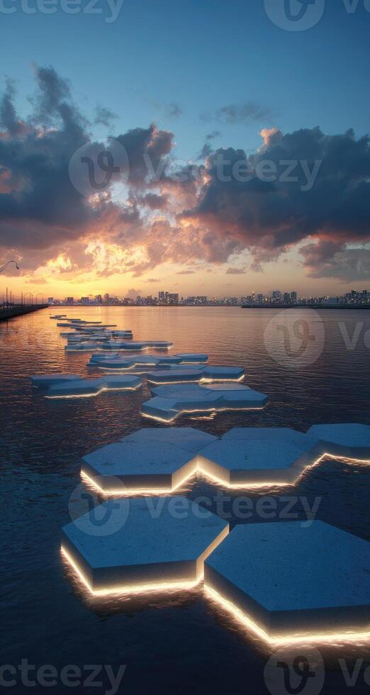 A group of ice blocks floating in the water photo