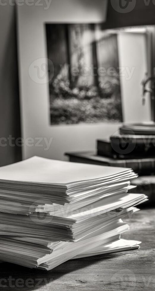 A stack of papers on a desk in front of a lamp photo
