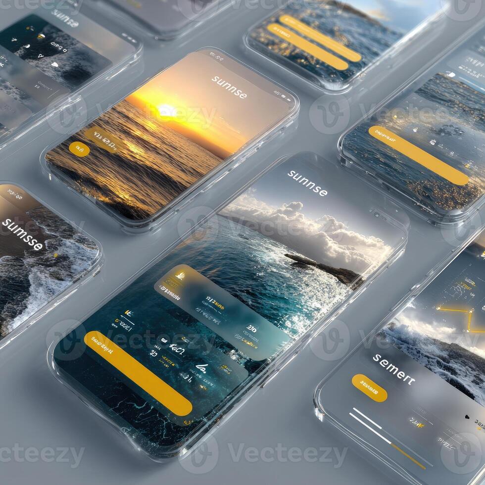 A group of iphones with different screens showing different scenes photo